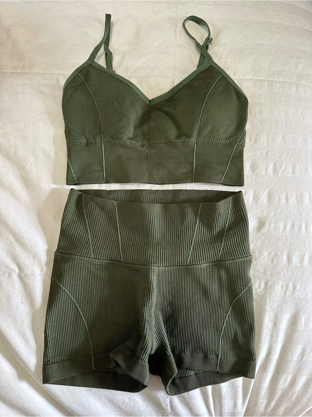 Aerie - Olive Ribbed Seam-Detail Bra & High-Waist Shorts Set